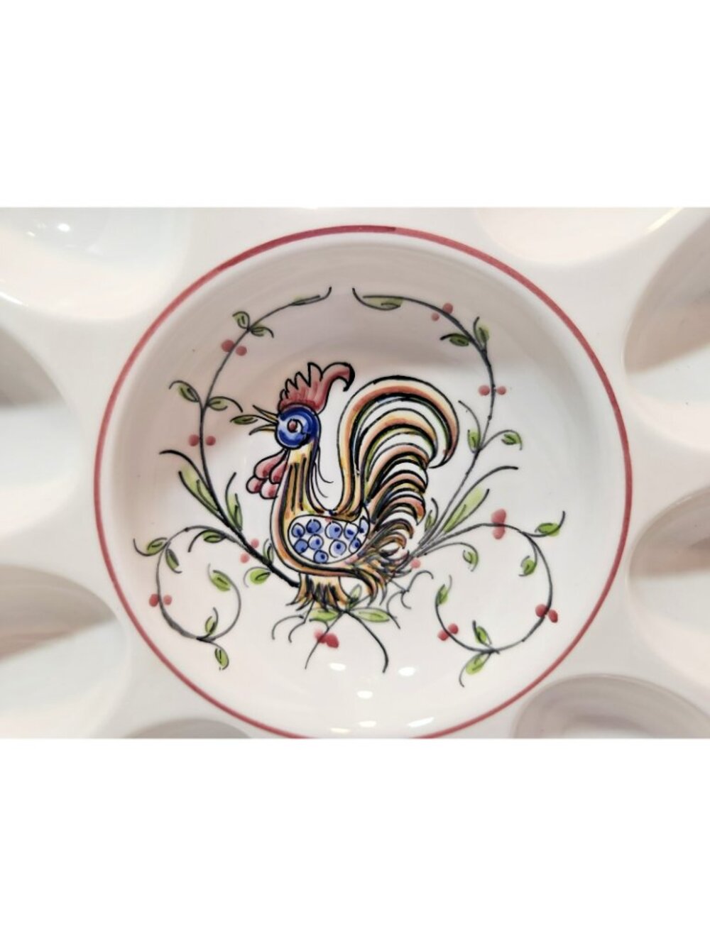 Vintage Ceramic Handpainted Deviled Egg Plate With Rooster Made in Portugal - Picture 2 of 8